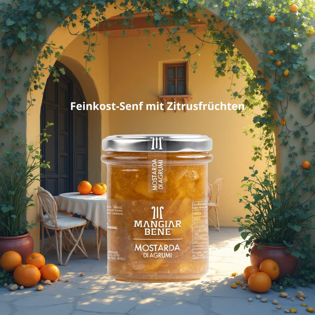 Feinkost-Senf mit Zitrusfrüchten - Ideal zu Käse