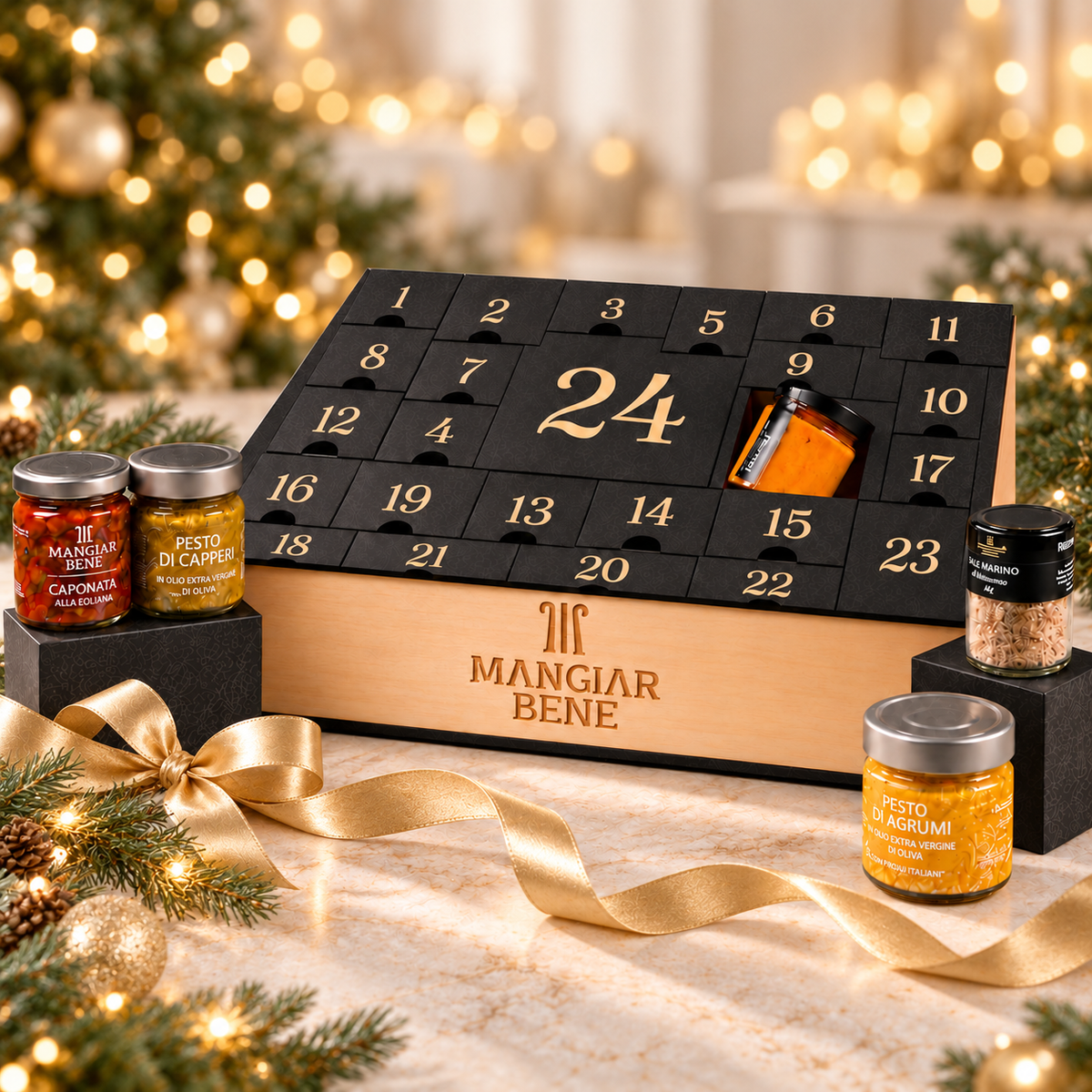 Adventskalender 2026 mit 24 nummerierten Türchen und ausgewählter italienischer Feinkost in einer edlen Box, weihnachtlich inszeniert