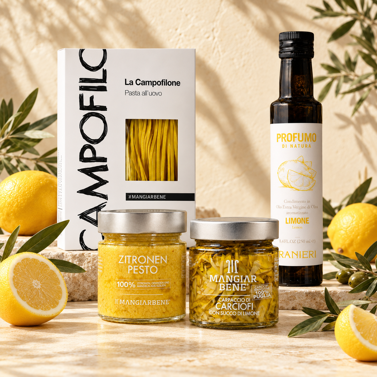 Amore al Limone: Zitronen-Pesto, Fettuccine al Limone, Zitronen-Olivenöl und Artischocken-Carpaccio
