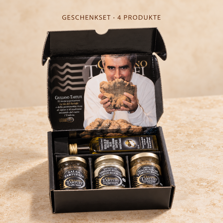 Das Beste vom Trüffel – Geschenkset mit drei Miniaturgläsern und weißem Trüffelöl