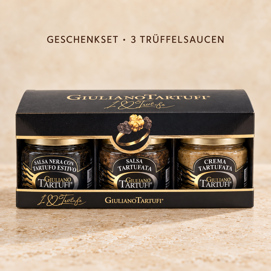 I Love Truffle Geschenkset mit drei Trüffelsaucen zu je 80 g in der originalen schwarzen Geschenkbox