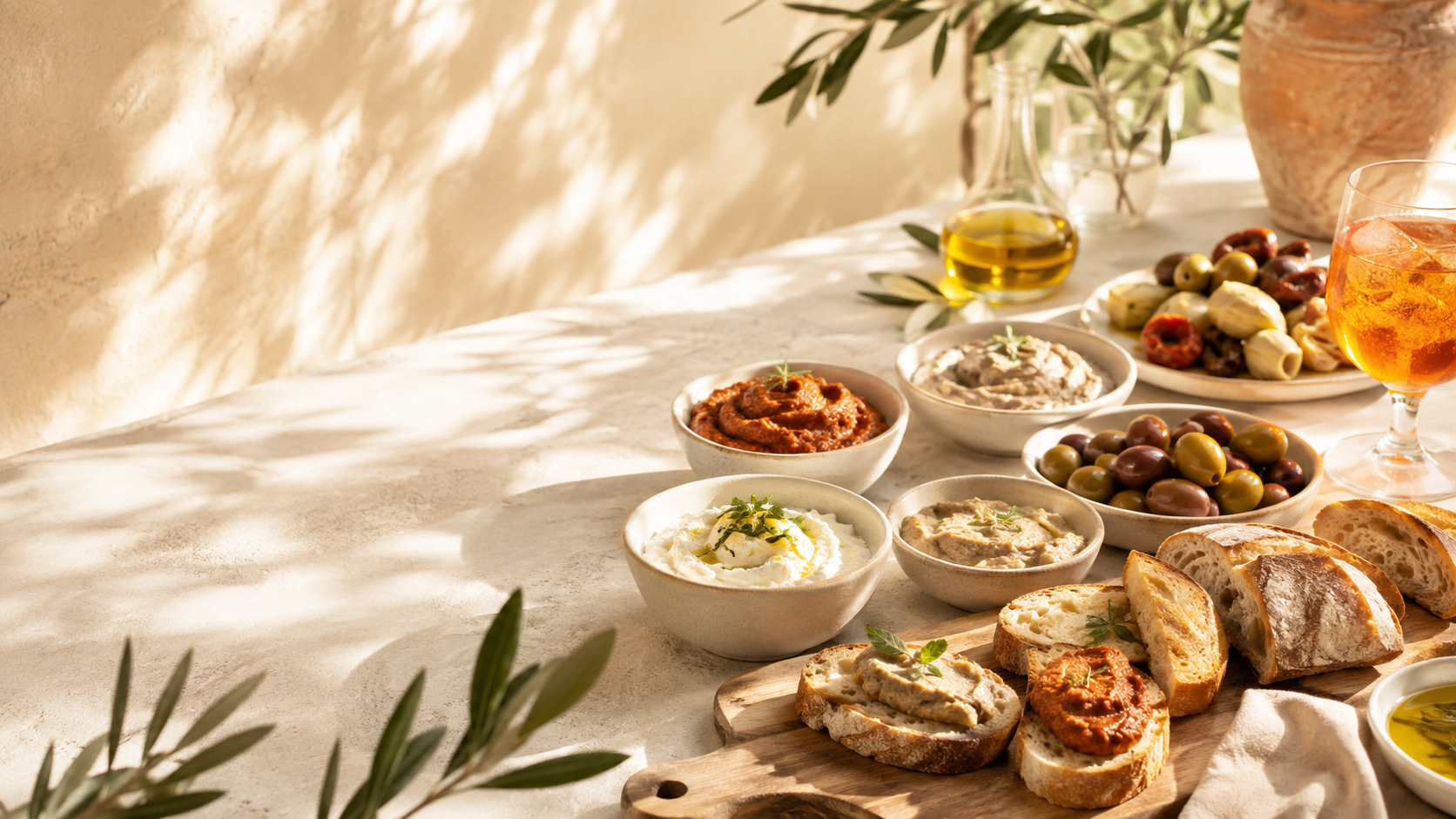 Mediterrane Antipasti und Cremes im warmen Augustlicht