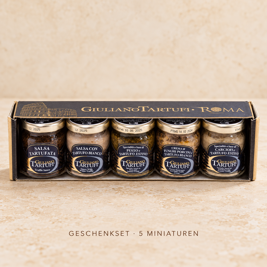 Trüffel-Vielfalt Italiens – Geschenkset mit fünf Miniaturgläsern in der originalen ROMA-Verpackung