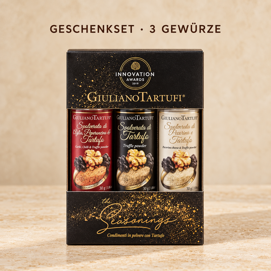 Trüffelpulver-Geschenkset mit drei Gewürzen zu je 30 g in der originalen The Seasonings Box