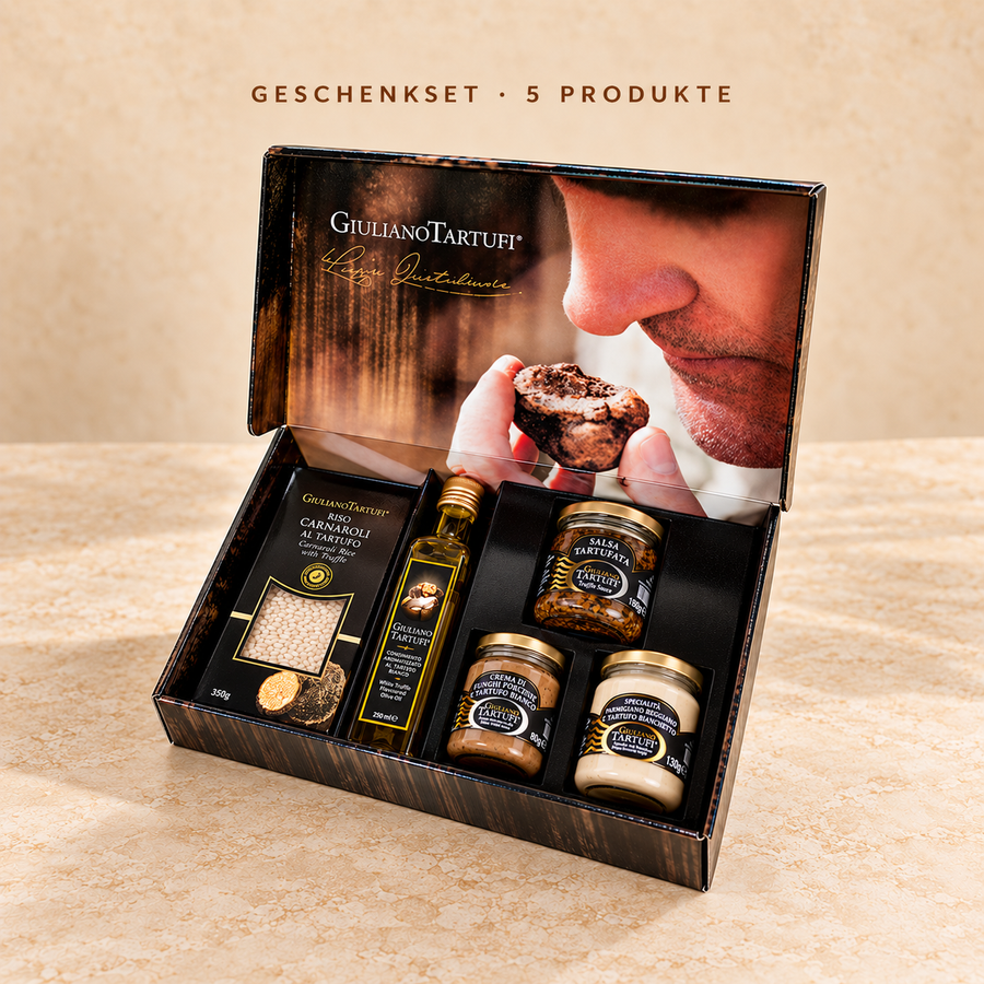 Ultimative Trüffel-Geschenkbox mit fünf Produkten in der originalen offenen Geschenkbox