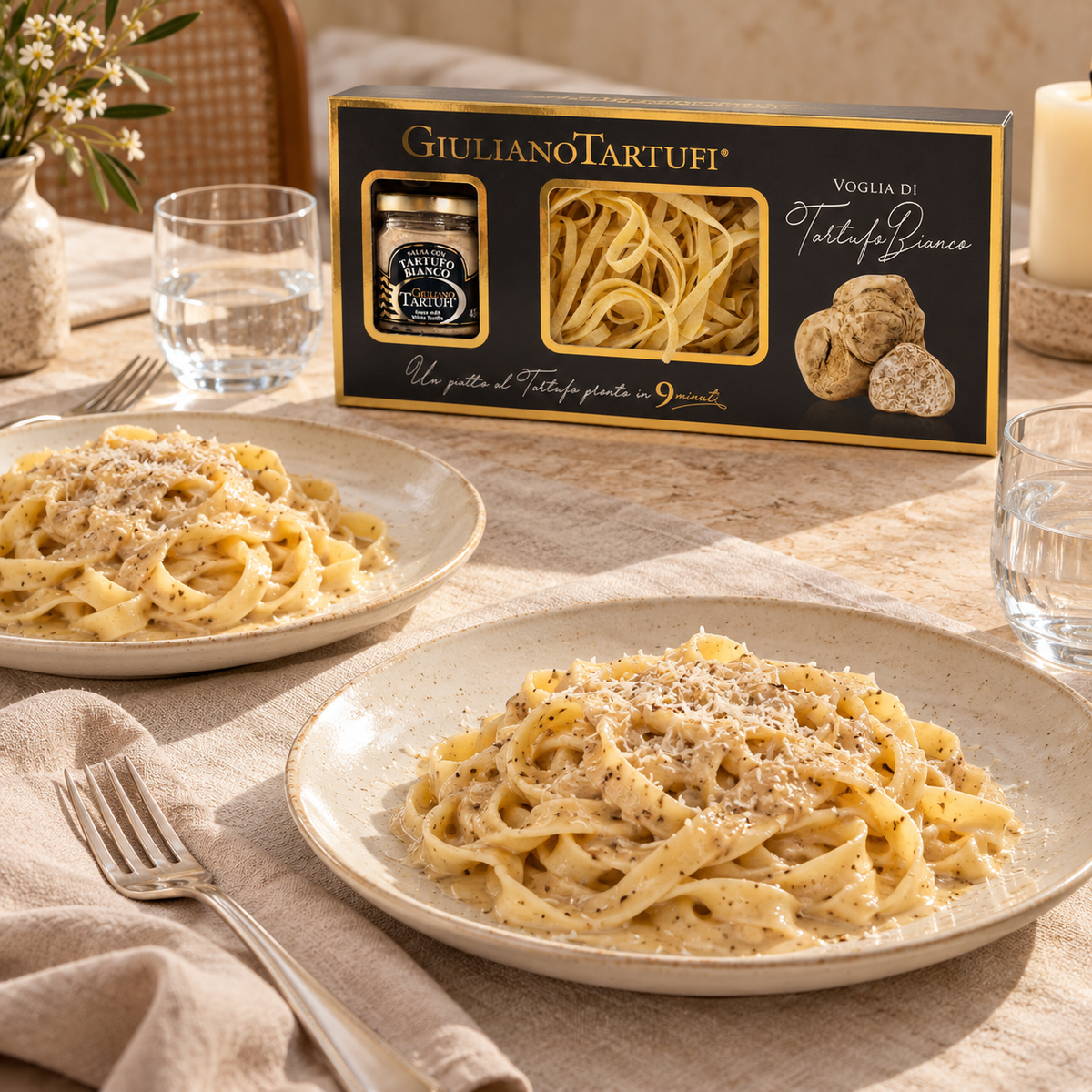 Tisch für zwei mit Tagliatelle in weißer Trüffelsauce und Voglia di Tartufo Bianco Geschenkbox