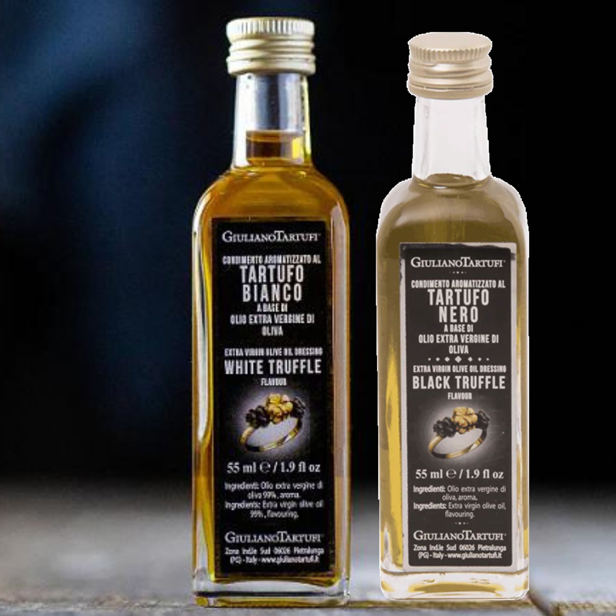 Set of duo olive oil with white and black truffle